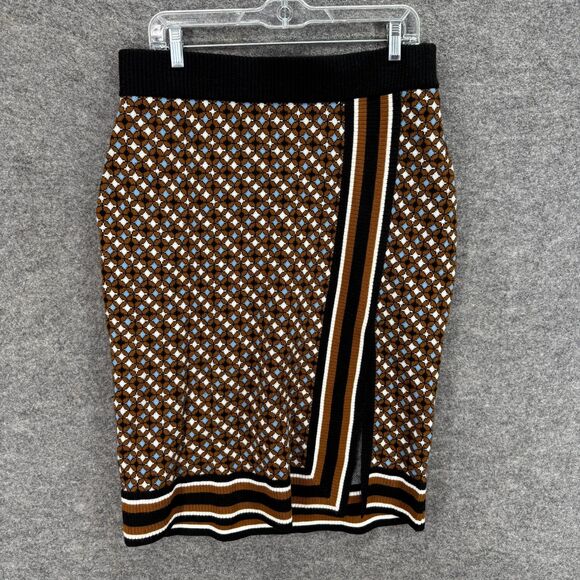 Nine West Women L Large Brown Geometric Pencil Midi Rayon Pull On Mid Rise - Picture 1 of 7